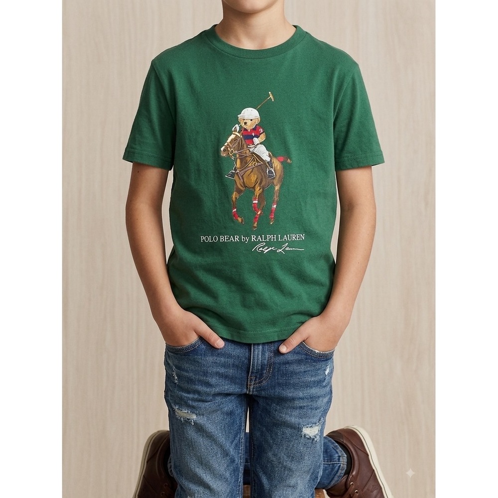 Ralph Lauren Polo Bear T Shirt Green Boys Size 8 Small Big Pony Horse T Shirt